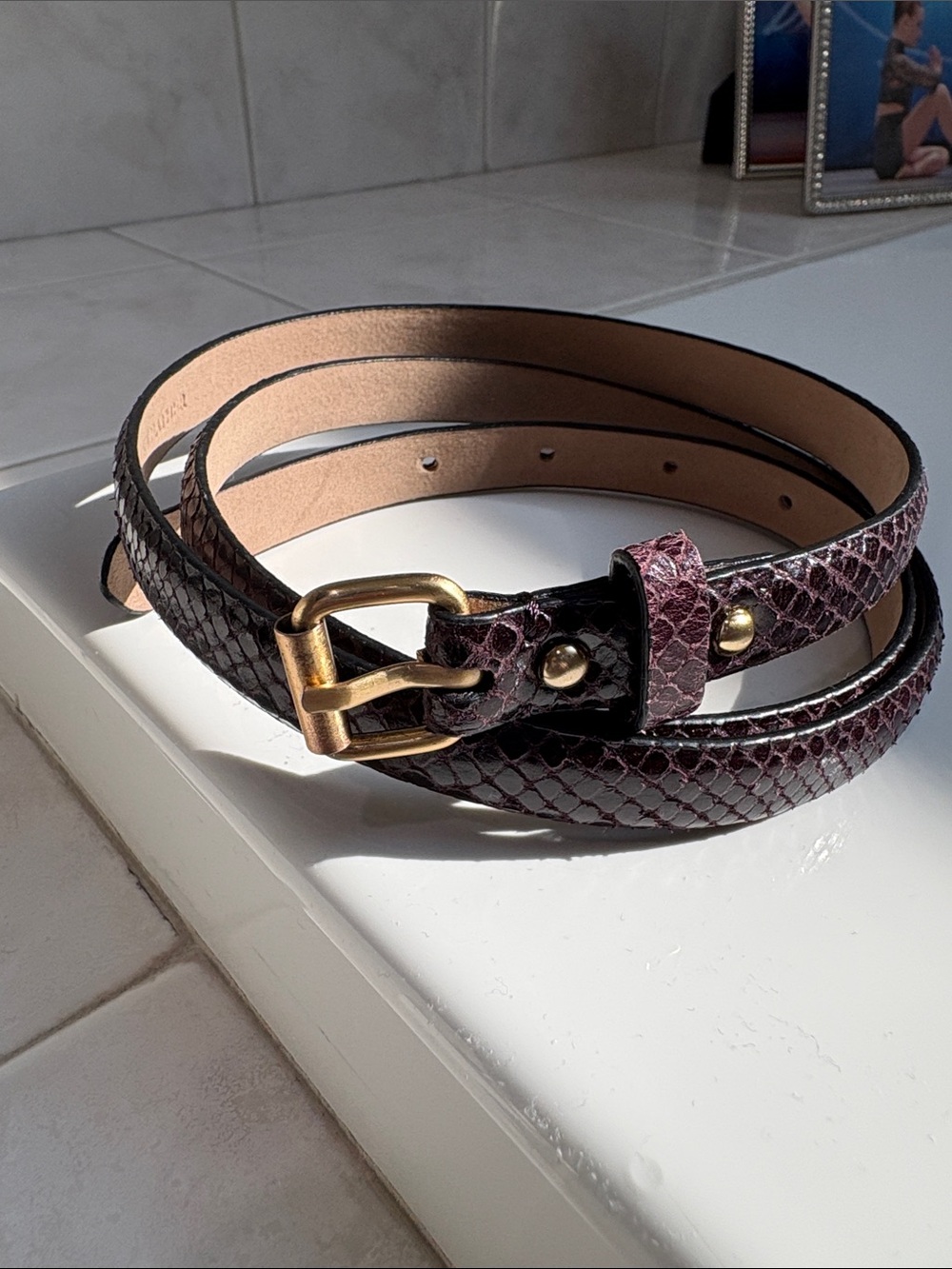 Ann Taylor Burgundy Snakeskin-Embossed Slim Belt with Gold Buckle